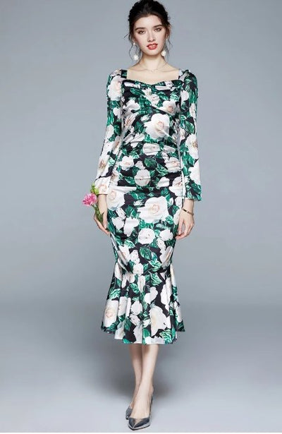 Vintage Zelené Květinové Slavnostní Šaty