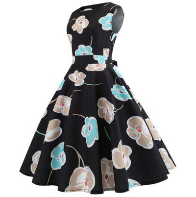 Vintage Černé Květy Rozšířené Šaty