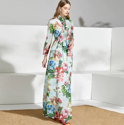 Zelené Vintage Květinové Dlouhé Šaty