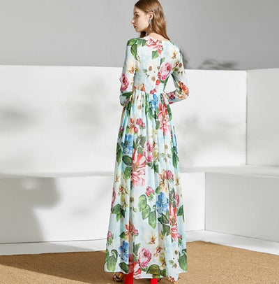 Zelené Vintage Květinové Dlouhé Šaty