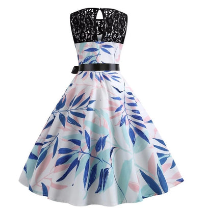 Vintage Modré Květinové Trapézové Šaty