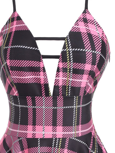Vintage Check Šněrovací Šaty Růžové