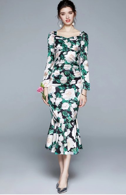 Vintage Zelené Květinové Slavnostní Šaty