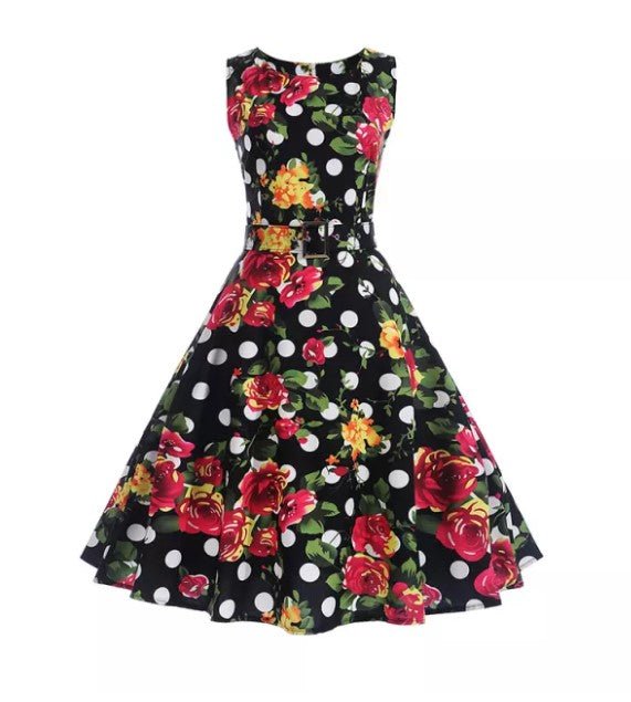 Vintage Námořnické Polka Dot Květiny Rozšířené Šaty