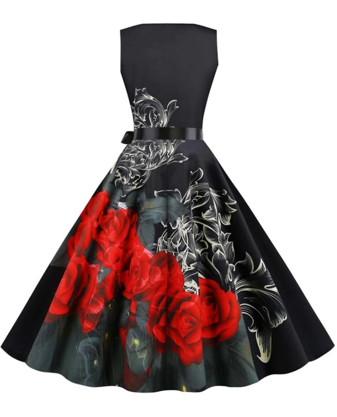 Vintage Černé Květinové Rozšířené Šaty