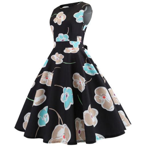 Vintage Černé Květy Rozšířené Šaty