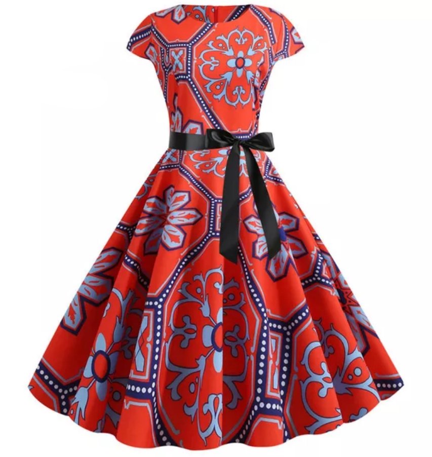 Vintage Červené Květy Rozšířené Šaty