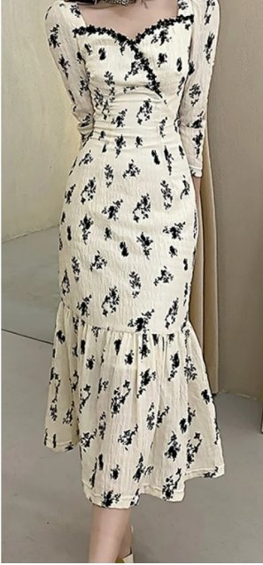 Vintage Khaki Květinové Dlouhé Šaty