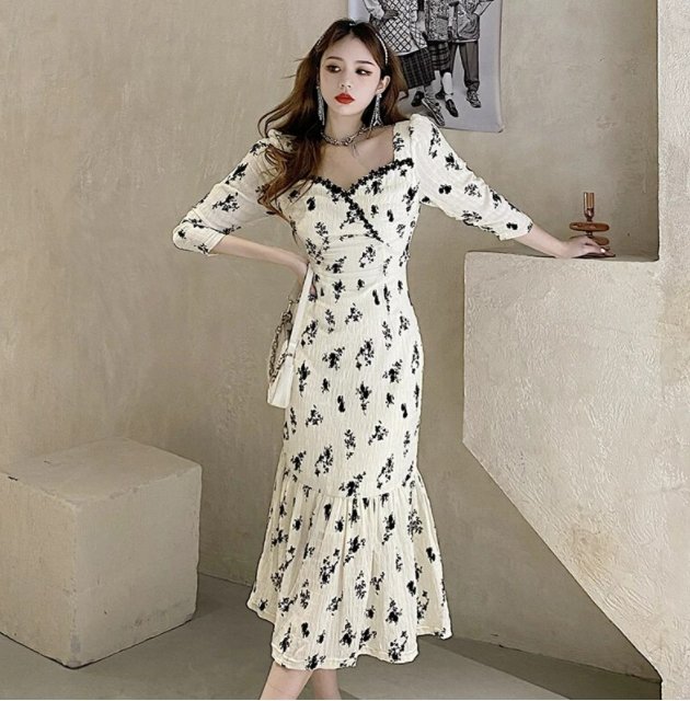 Vintage Khaki Květinové Dlouhé Šaty