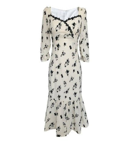 Vintage Khaki Květinové Dlouhé Šaty