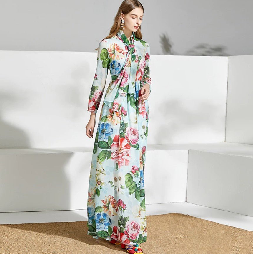 Zelené Vintage Květinové Dlouhé Šaty