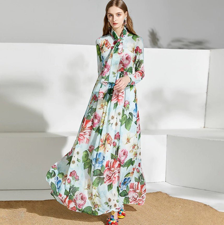 Zelené Vintage Květinové Dlouhé Šaty