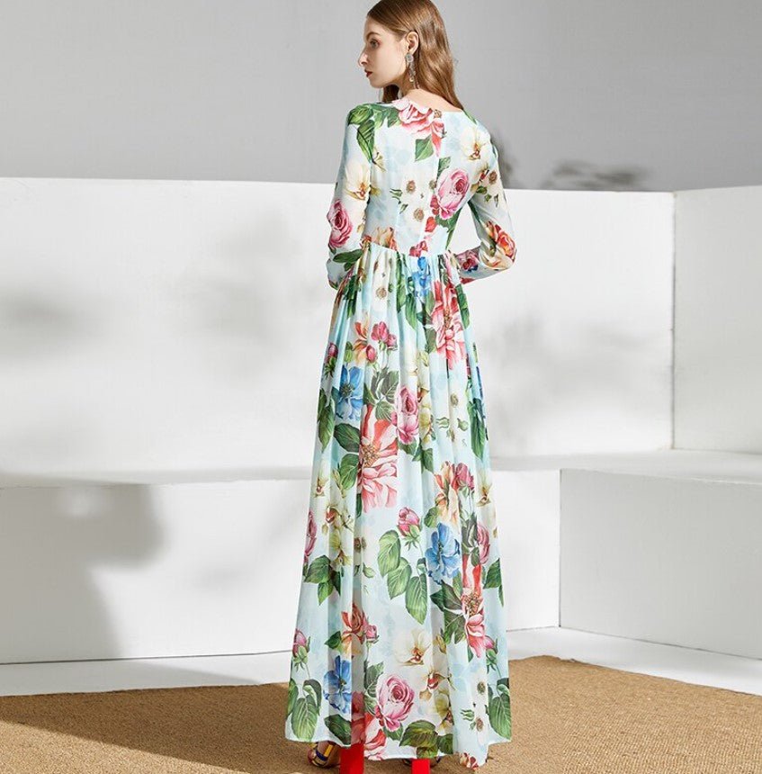 Zelené Vintage Květinové Dlouhé Šaty