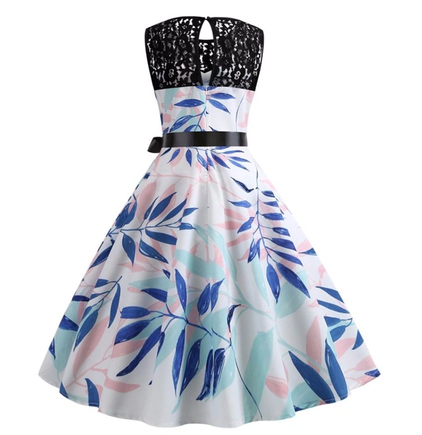 Vintage Modré Květinové Trapézové Šaty