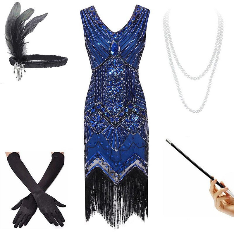 Vintage Modré Šaty Z 20. Let (S Doplňky)