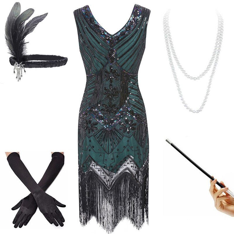 Vintage Šaty Z 20. Let Zeleno-Černé