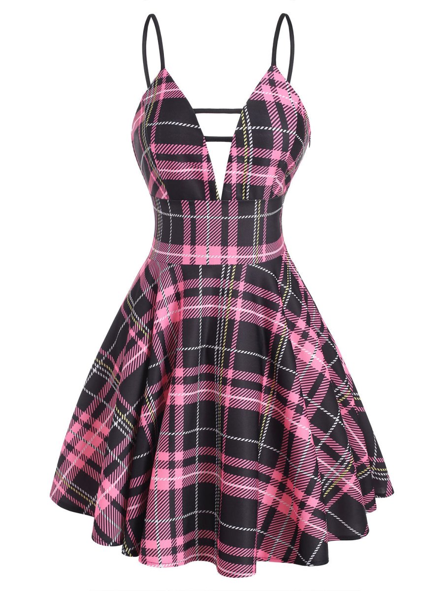 Vintage Check Šněrovací Šaty Růžové