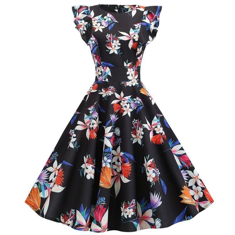 Vintage Elegantní Retro Černé Květinové Šaty