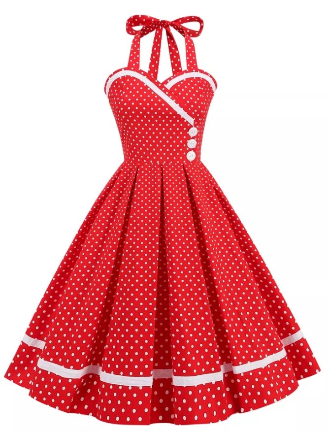 Vintage Červené Puntíkované Šaty S Kulatým Výstřihem