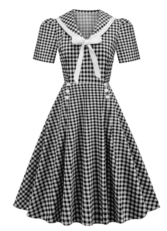 Vintage Pin Up Kostkované Šaty Černé